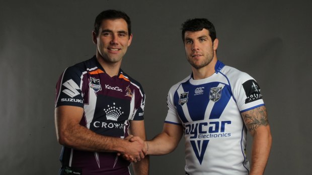 Rivals: The Melbourne Storm's Cameron Smith and Canterbury rake Michael Ennis at the 2012 NRL Grand Final Breakfast.