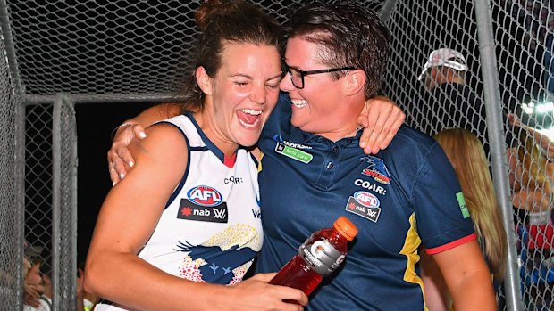 Star player Rachael Killian and coach Bec Goddard celebrate the win.