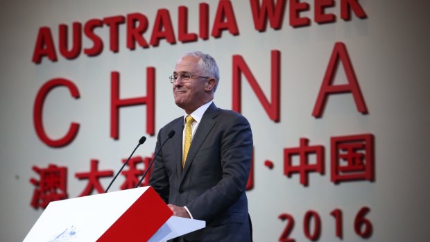 Malcolm Turnbull gives a speech at Australia Week 2016 in Shanghai.