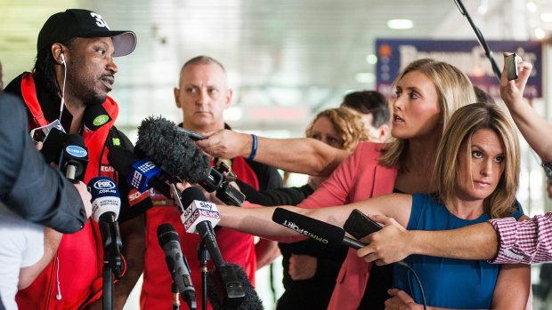 Chris Gayle faces the media following his comments to sports journalist Mel McLaughlin.