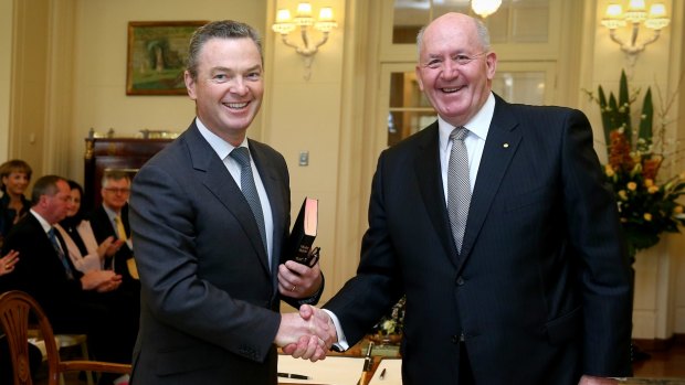 Christopher Pyne, with Governor-General Sir Peter Cosgrove, being sworn-in as Minister for Defence Industry  in July.