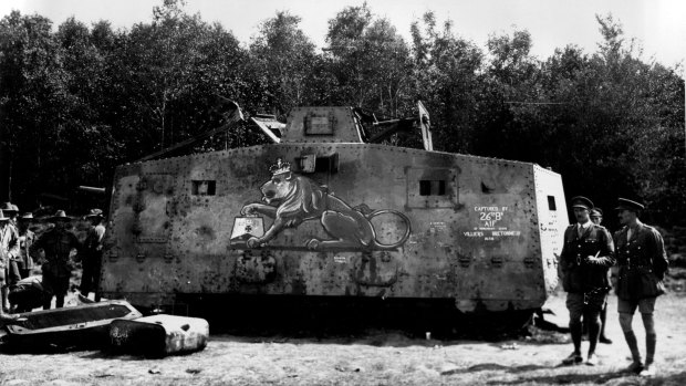 The 26th Australian Battalion captured this German tank at Monument Wood near Villers-Bretonneux, France, July 14, 1918. 