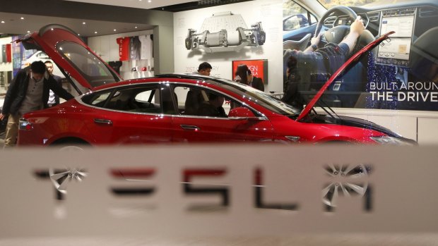 The Tesla Motors' Model S P85 in the Tesla showroom.