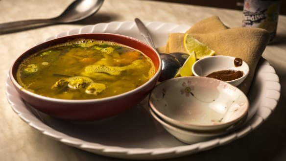 Soulful and supremely comforting: the fitfit (beef soup) served with awaze (chilli paste) and injera.