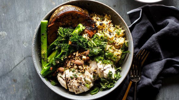 Middle Eastern chicken and spice roasted pumpkin rice bowl