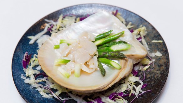 Pearl meat with spring onion and asparagus is a signature dish at Flower Drum in Melbourne.