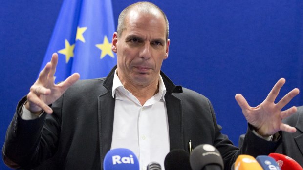 Greek Finance Minister Yanis Varoufakis speaks during a media conference after a meeting of eurogroup finance ministers in Brussels.