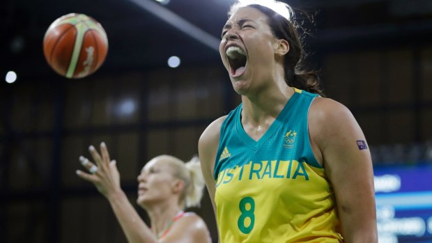 One for the Opals: Liz Cambage reacts after making a basket in Rio.