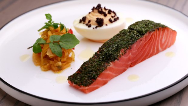 Smoked Petuna ocean trout, devilled egg and fennel pickle.