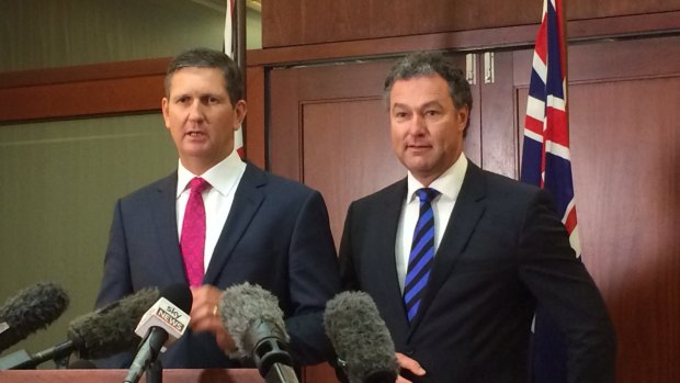 Returned LNP leader Lawrence Springborg holds a press conference with his deputy John-Paul Langbroek after they were elected by the LNP party room.