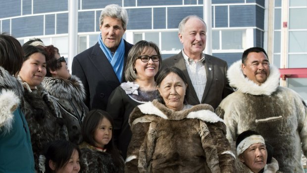 US Secretary of State John Kerry, Canadian Minister for the Arctic Council Leona Aglukkaq, and Canadian Foreign Affairs Minister Rob Nicholson with Inuit at the Arctic Council Ministerial meeting.