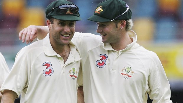 Friendly beginning: Katich and Clarke at the Gabba back in 2005. 