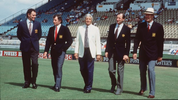 The Channel Nine commentary team of Greg and Ian Chappell, Richie Benaud, Bill Lawrie and Tony Greig in 1998.