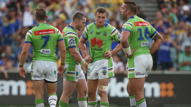 Aidan Sezer, Shaun Fensom, Jack Wighton and Paul Vaughan of the Raiders look dejected after a try against Parramatta on the weekend.