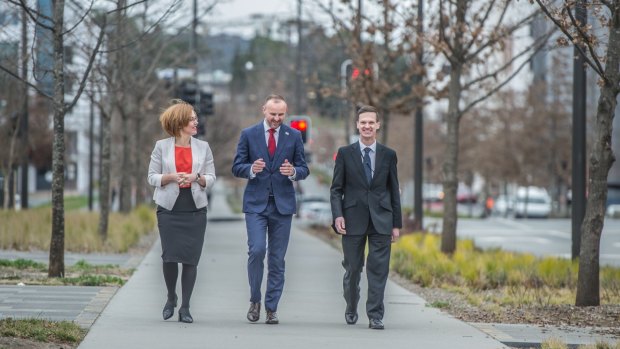 Chief Minister Andrew Barr (centre) announces UNSW plans to set up a new city  campus. Mr Barr walking along Constitution Avenue with higher education minister Meegan Fitzharris and UNSW Canberra rector Professor Michael Frater UNSW Canberra rector.
