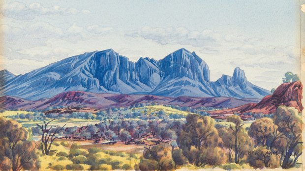 Albert Namatjira, Mount Sonder, West MacDonnell Ranges, Central Australia c. 1945, painting in watercolour over faint underdrawing in black pencil