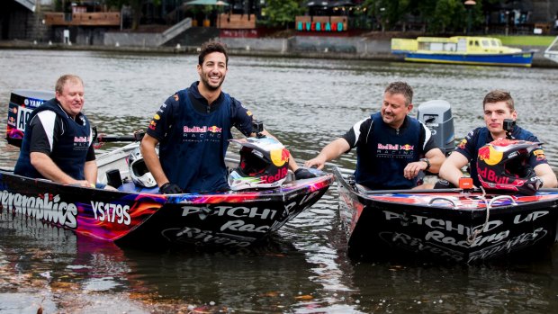 Daniel Ricciardo and Red Bull Racing teammate Max Verstappen at the end of the RBR Dinghy Dash on the Yarra River on Wednesday.