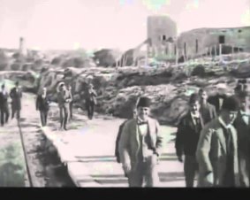 A still from the Lumiere brothers' Leaving Jerusalem by Railway.