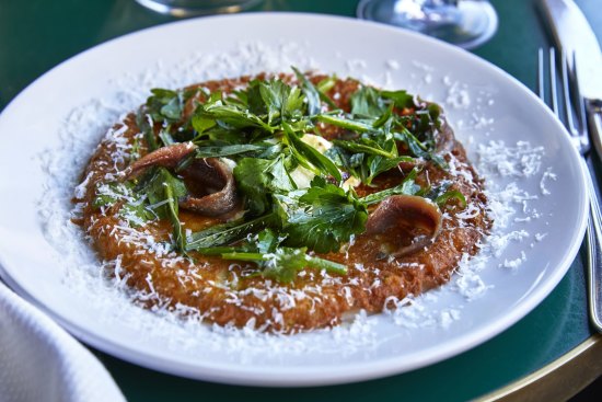 Go-to dish: Farinata with anchovies, mascarpone and herbs.