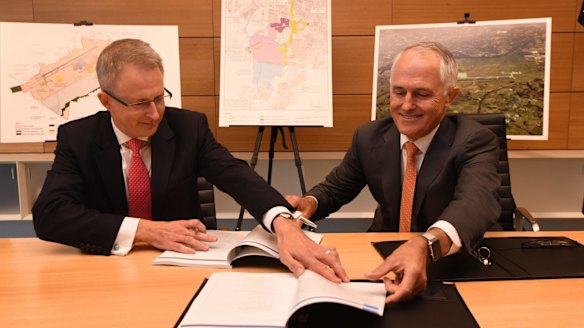Paul Fletcher and Malcolm Turnbull with the new airport plan earlier this month.