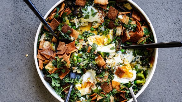 Katrina Meynink's green shakshuka meets fattoush with pita crisps 