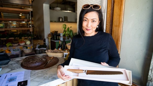 Stockist Yuko Nakao delivering a Kasane bread knife to Sydney bakery Iggy's Bread Down Under.