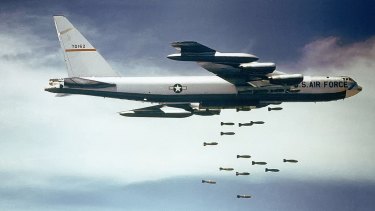 US Air Force B-52 dropping bombs over Southeast Asia in the 1960s. 
