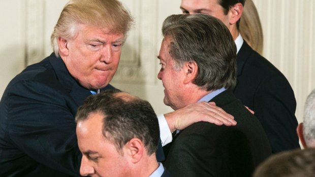 Donald Trump (left) released a blistering statement signalling and end to the relationship with his one-time ally and chief strategist Steve Bannon (right).