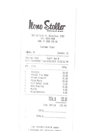 Receipt for lunch interview with Robyn Butler.