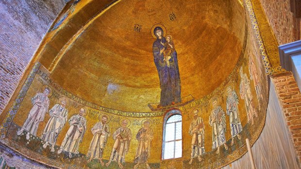 Byzantine Mosaics of the Virgin Mary and Child above the altar of the Cathedral of Santa Maria Assunta, Torcello Venice.