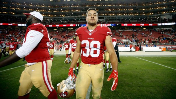 At home: Jarryd Hayne walks off Levi's Stadium after the 49ers' final trial against the Chargers.