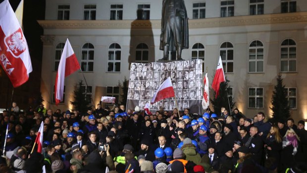 A demonstration organised by Polish party Law and Justice at Three Crosses Square in Warsaw.