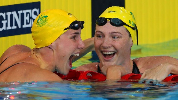 Did we just do that? Bronte Campbell (left) with gold-medal-winning sister Cate.