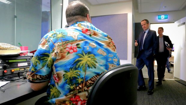 Opposition Leader Bill Shorten gives the thumbs up to a producer at the ABC studios in Townsville.