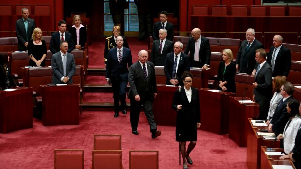 Governor-General Sir Peter Cosgrove opening  the second session of the 44th Parliament, in the Senate, at Parliament House in Canberra in April this year.