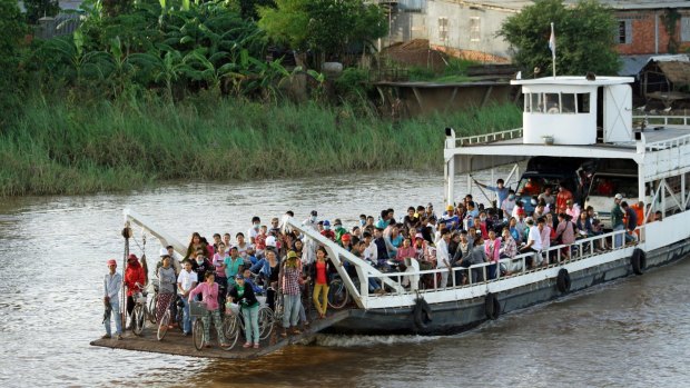 Cross-river ferry on the Mekong north of Phnom Penh.

