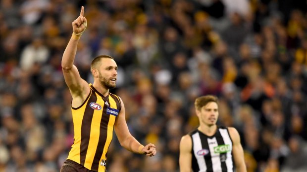 On target: Jack Gunston adds a late goal for Hawthorn.