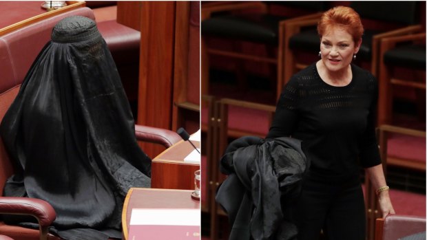 Senator Pauline Hanson wore a burqa into the Senate at Parliament House and it was not meant as a defence for women's rights.