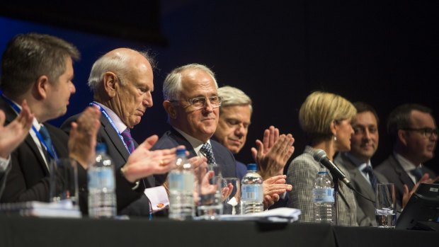Senior Liberals including Prime Minister Malcolm Turnbull (centre) at the Victorian state conference on Saturday. 