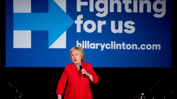 Democratic presidential candidate Hillary Clinton mimics the voice of Republican presidential candidate Donald Trump as she speaks in Bowling Green, Kentucky. 