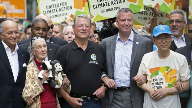 From left, French Foreign Minister Laurent Fabius, primatologist Jane Goodall, former US vice-president Al Gore, New York mayor Bill de Blasio, and former UN secretary-general Ban Ki-moon participate in the People's Climate March in New York in 2014.