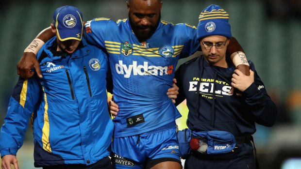 Facing a stint on the bench: Semi Radradra is helped from the field on Friday night.