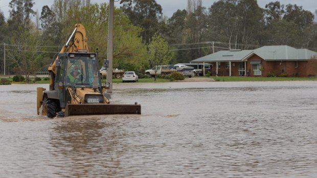 Floodwaters in the streets of Myrtleford.