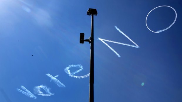 Sky-writing above Sydney's CBD supporting the 'no' vote on same sex marriage. 
