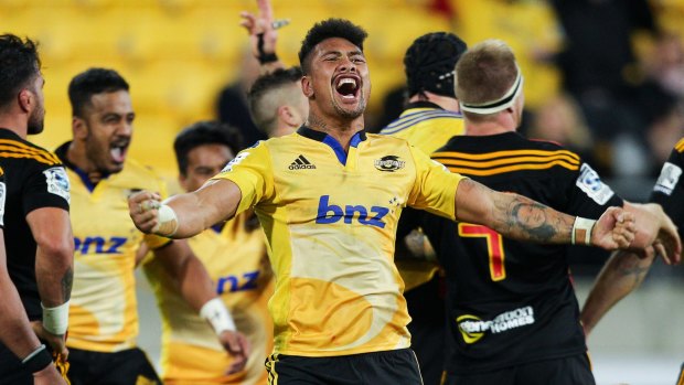 Relief:  Ardie Savea of the Hurricanes celebrates the win after a last-ditch Chiefs try was disallowed.