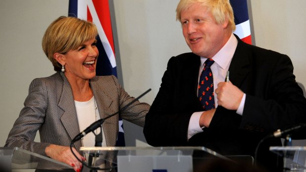 Australia's Foreign Minister Julie Bishop and Britain's Foreign Secretary Boris Johnson during their press conference in London.