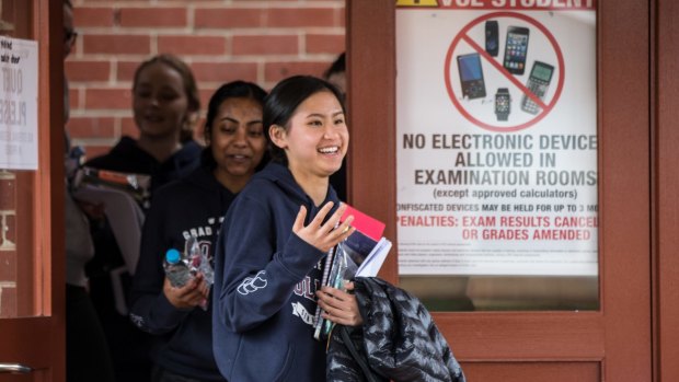 Year 12 students of Our Lady of Mercy College, Heidelberg breathe a sigh of relief after finishing the VCE English exam.