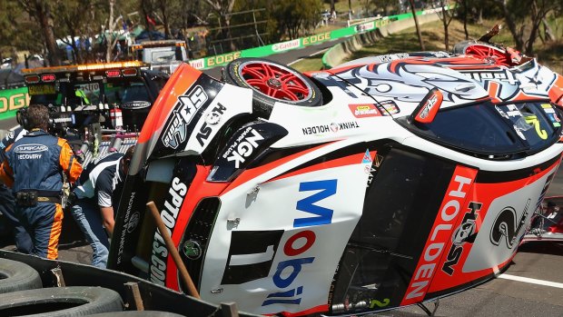 Wheeled motor sports are the most dangerous, a new report shows. Luckily no one was injured in this pile-up at the Bathurst 1000 this year. 