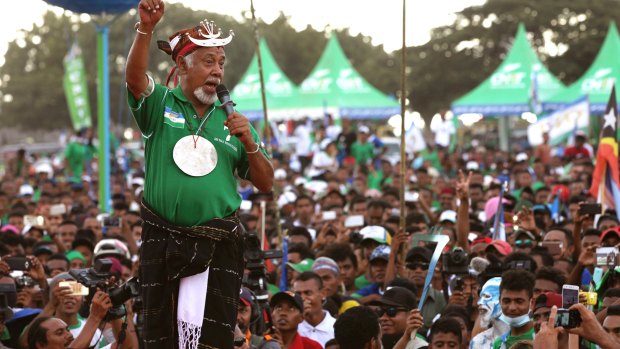 Former East Timorese president Xanana Gusmao speaks to supporters during a campaign rally in Dili in July.