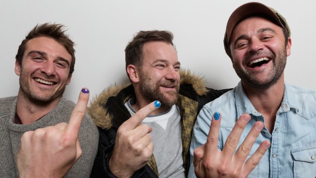 True colours? Footballer Jobe Watson, comedian Anthony 'Lehmo' Lehmann and actor Gyton Grantley get into the Polished Man spirit.